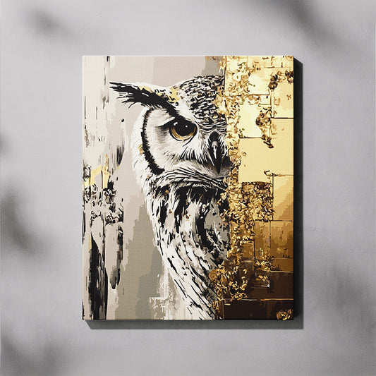 Canvas print of an owl with gold and black abstract patterns on a gray background