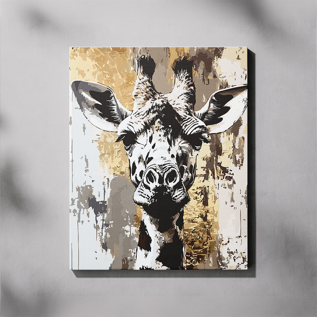 Abstract painting of a giraffe's head on a textured background