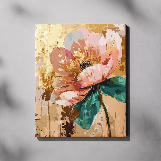 Floral painting with pink and green flowers on a textured beige background