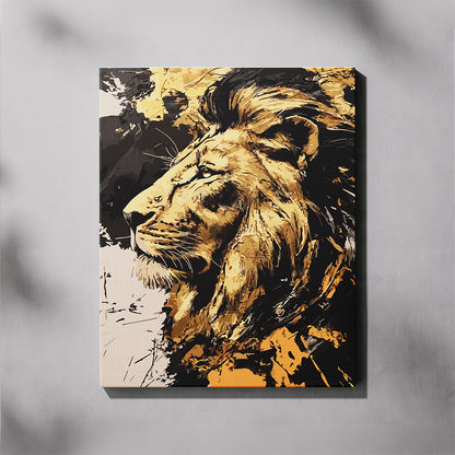 Canvas print of a lion's head with abstract art on a gray background