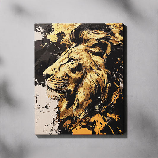 Canvas print of a lion's head with abstract art on a gray background