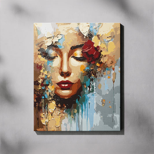 Colorful abstract painting of a face with flowers on a gray background