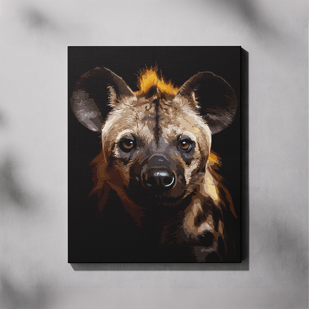 Canvas print of a hyena's face on a dark background