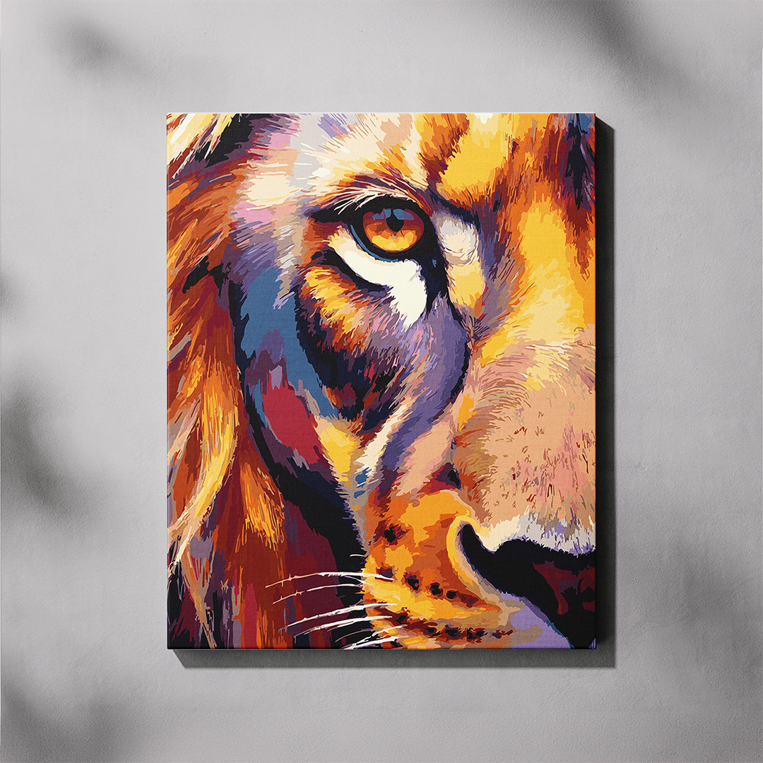 Colorful painting of a lion's face on a gray background