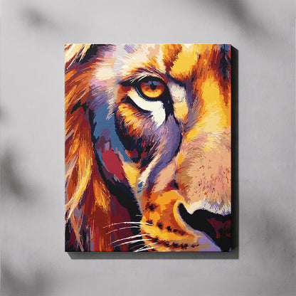 Colorful painting of a lion's face on a gray background