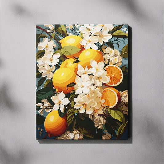 Canvas print of lemons, oranges, and white flowers on a dark background