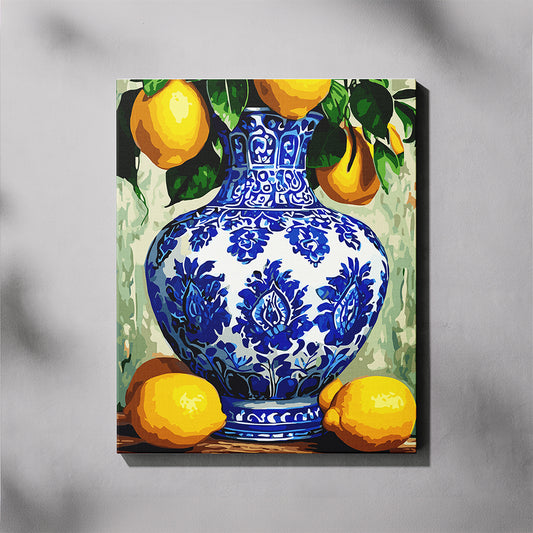 Decorative painting of a blue and white vase with lemons on a gray background
