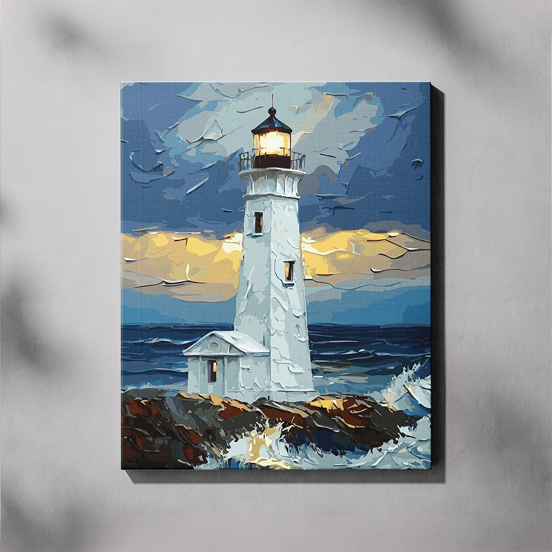Painting of a lighthouse on a rocky shore with a dramatic sky.