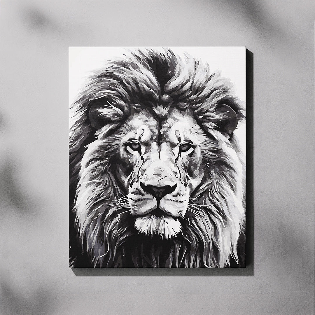 Canvas print of a black and white lion's head on a gray background