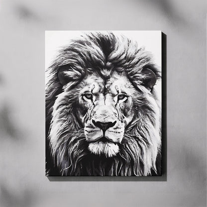 Canvas print of a black and white lion's head on a gray background