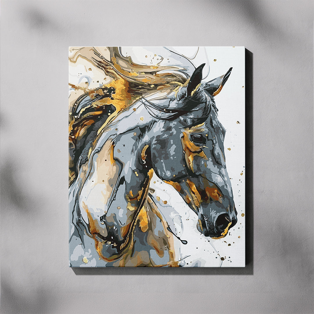 Abstract painting of a stallion with a marble effect on a white background