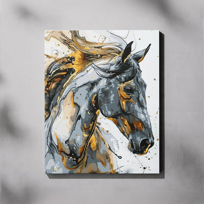 Abstract painting of a stallion with a marble effect on a white background