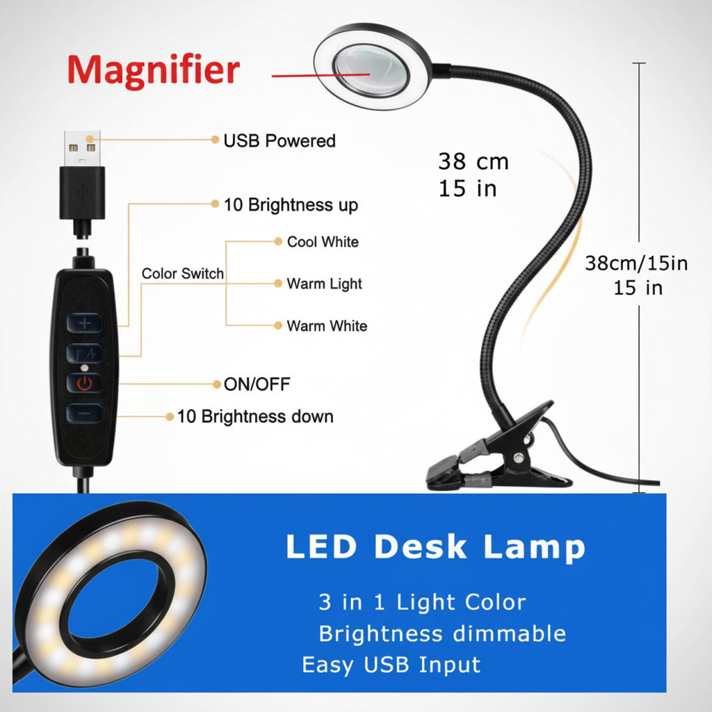 LED desk lamp with magnifier attachment and USB power cable, featuring specifications on a blue background.