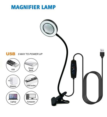 Magnifier lamp with USB power options on a white background