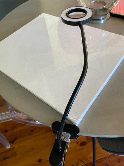 Black flexible arm with a clip on a white surface