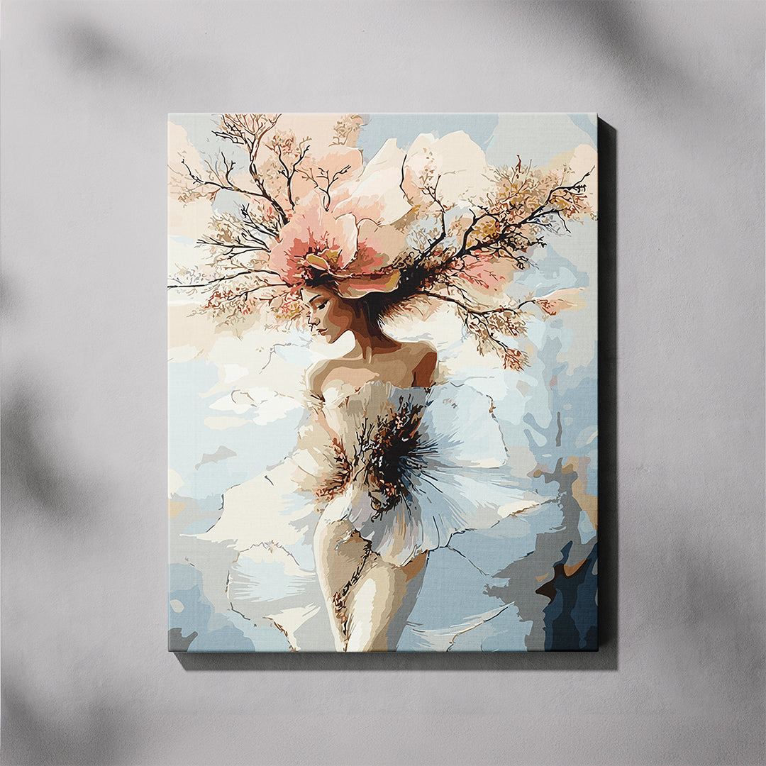 Artistic depiction of a woman with floral elements on a gray background