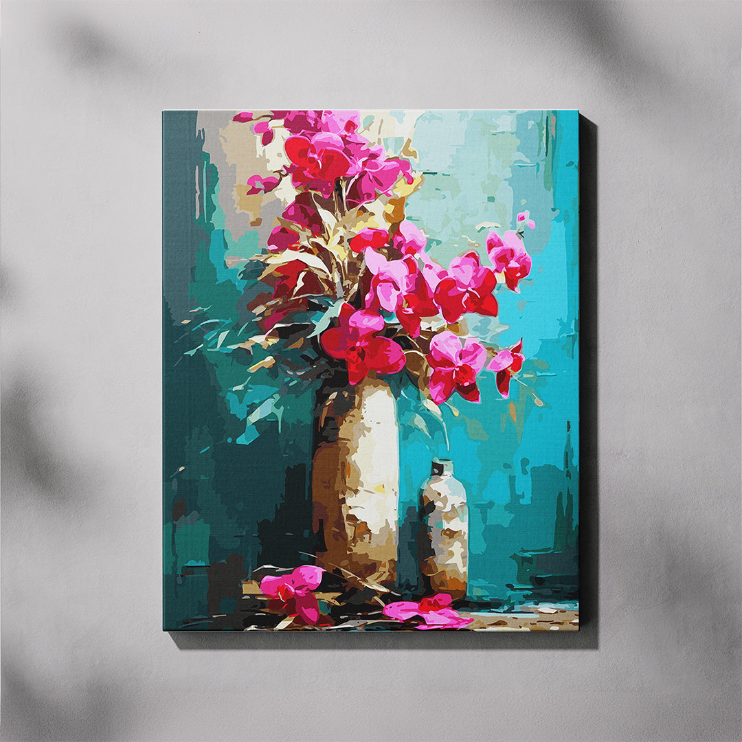 Canvas print of a vibrant floral painting with pink orchid flowers and a blue background.