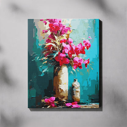 Canvas print of a vibrant floral painting with pink orchid flowers and a blue background.