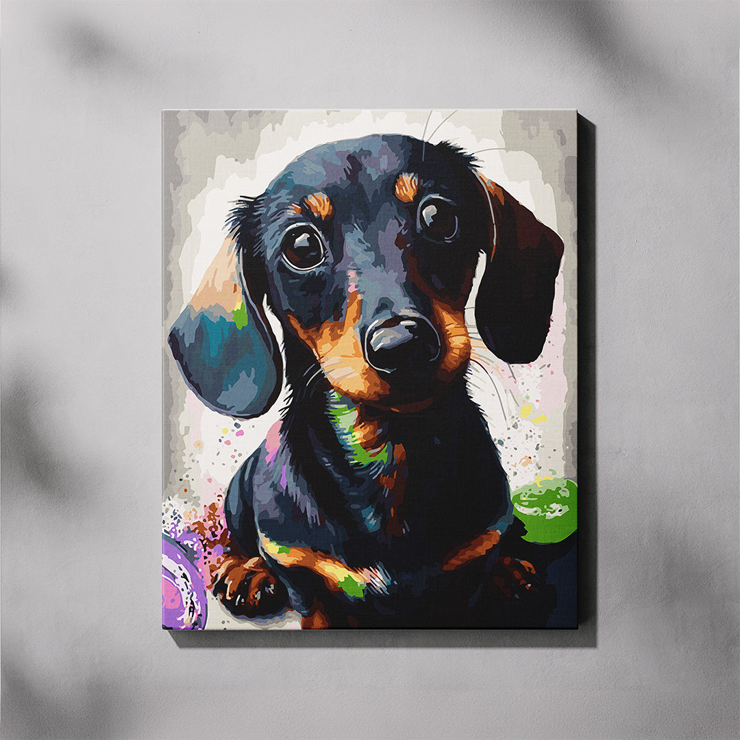 Colorful painting of a dachshund puppy on a gray background