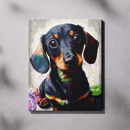 Colorful painting of a dachshund puppy on a gray background