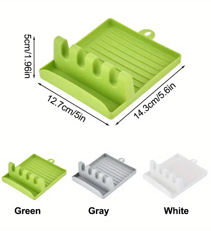 Green silicone dish drying rack with measurements and color options on a white background