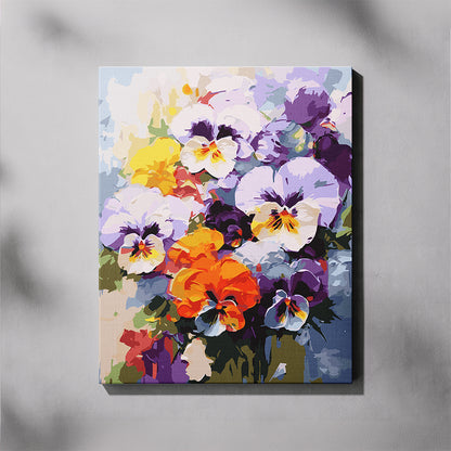 Canvas print of colorful pansy flowers on a gray background