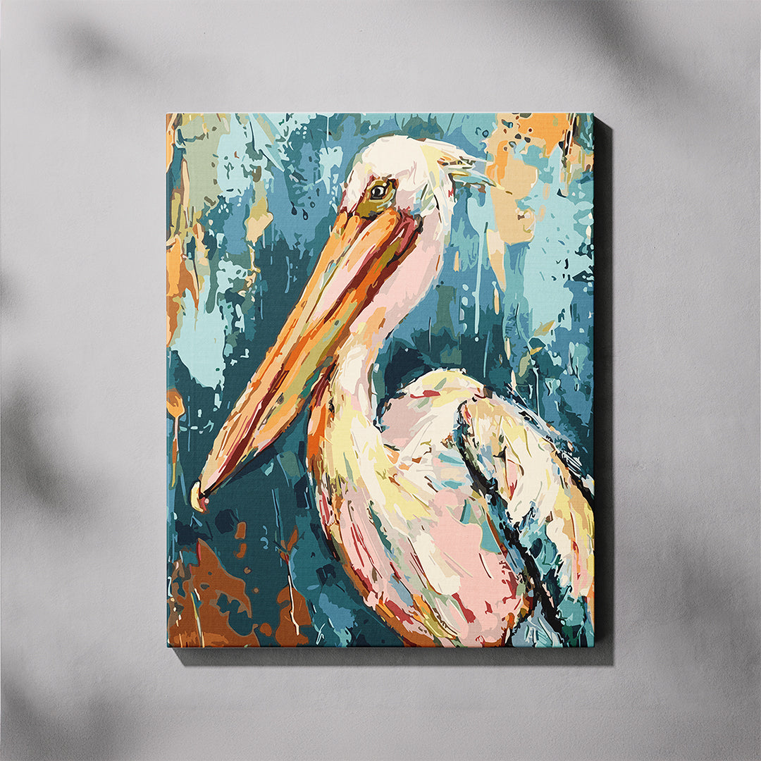 Colorful painting of a pelican on a textured gray background