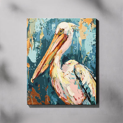 Colorful painting of a pelican on a textured gray background
