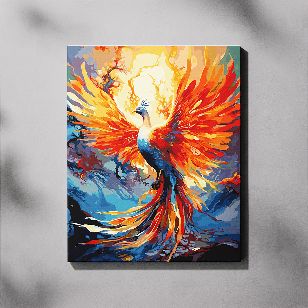Phoenix Rising paint by number kit — completed canvas mockup of a blazing mythical phoenix with amber orange wings and cobalt blue body