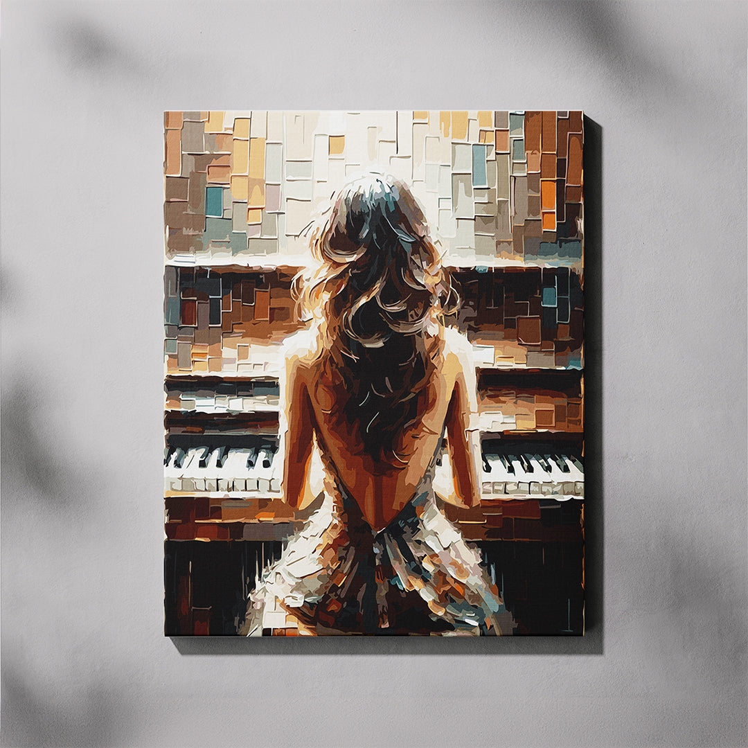 Artistic depiction of a woman standing in front of a piano with a mosaic-style background