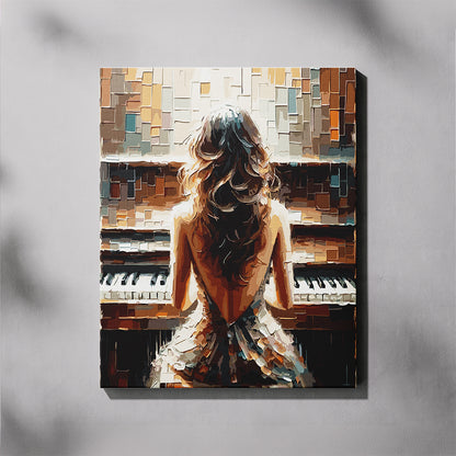 Artistic depiction of a woman standing in front of a piano with a mosaic-style background
