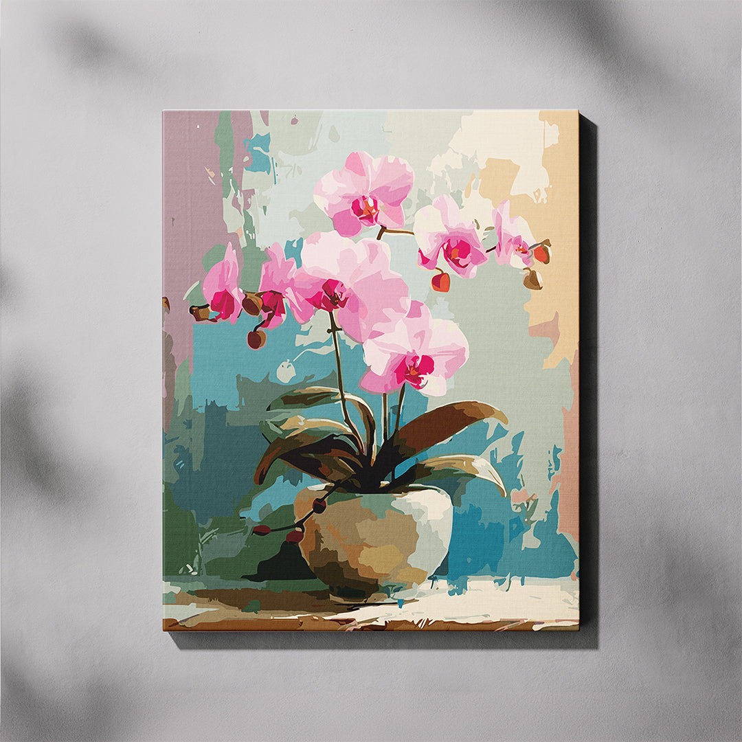 Canvas print of pink orchids on a textured wall