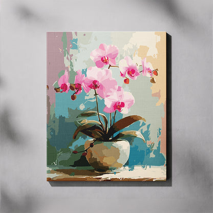 Canvas print of pink orchids on a textured wall