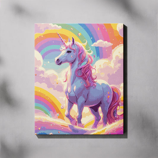 Colorful unicorn painting with a rainbow on a gray background