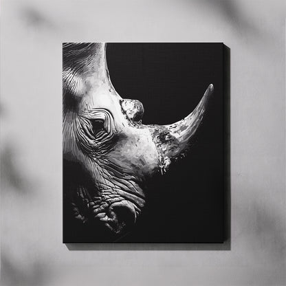 Canvas print of a black and white rhino head on a dark background