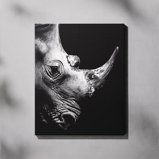 Canvas print of a black and white rhino head on a dark background