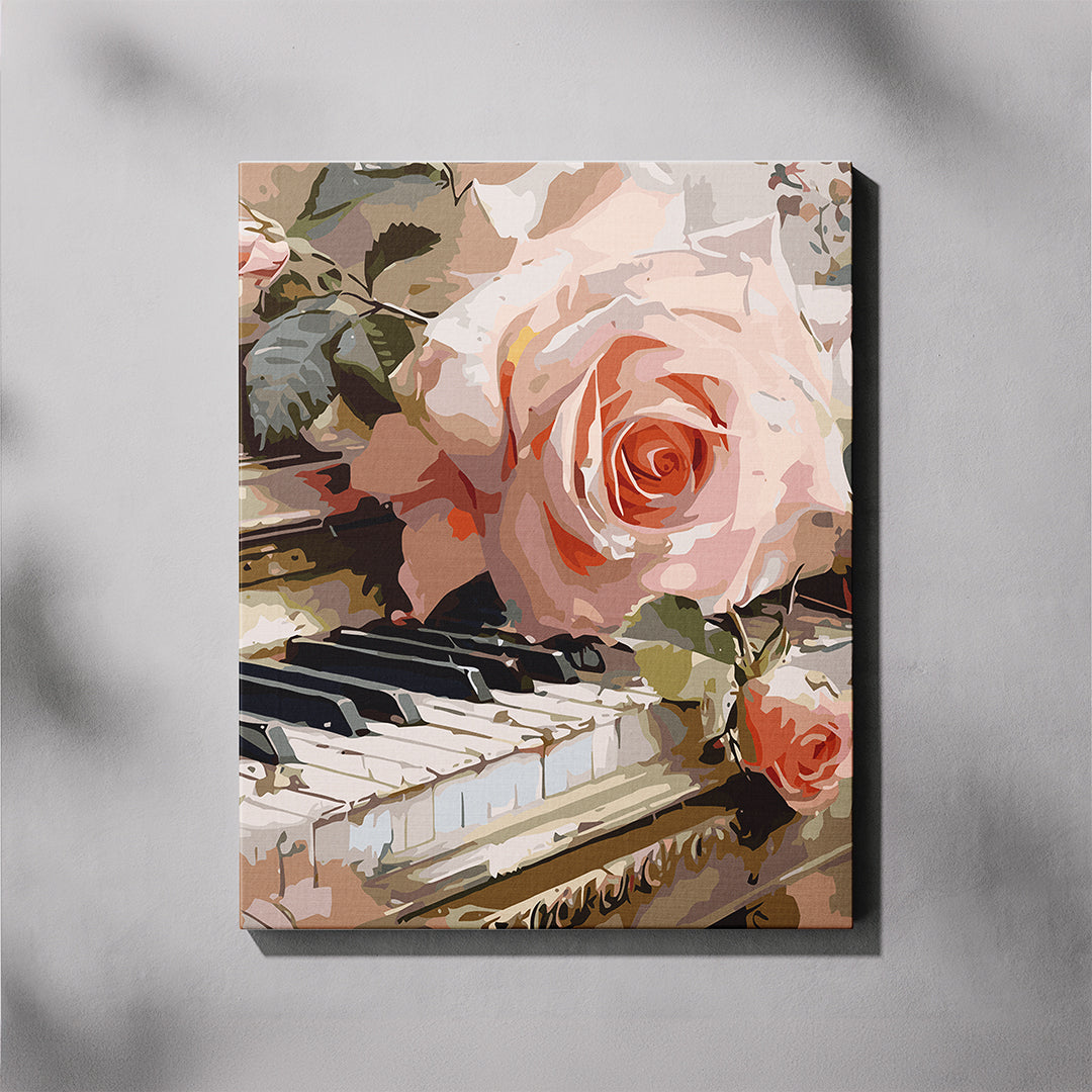 Canvas print of a floral design with roses and piano keys on a gray background