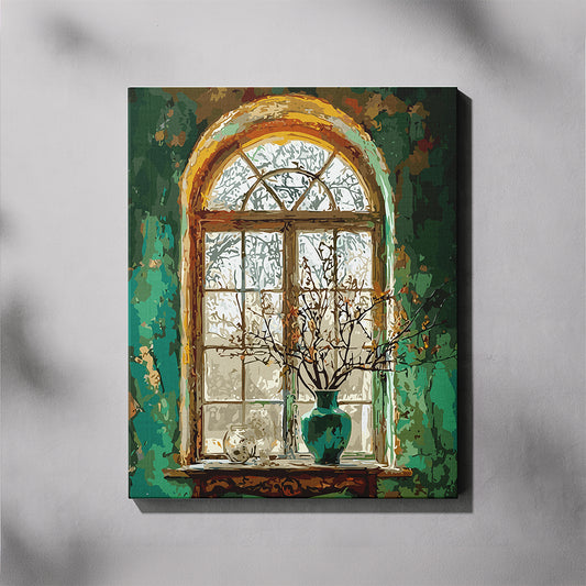 Canvas print of a window scene with a vase and branches on a gray background