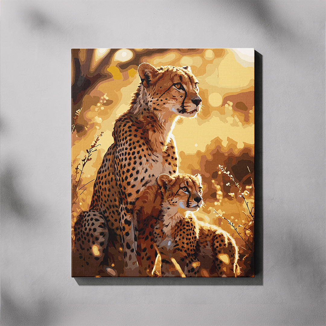 Canvas print of two cheetah in a natural setting with warm colors.
