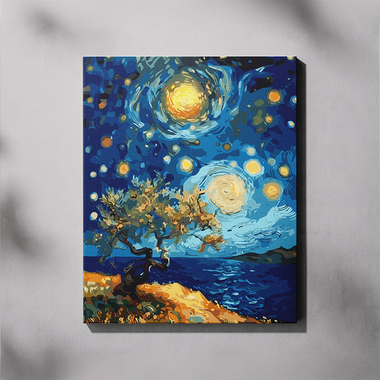Starry night painting on a gray background