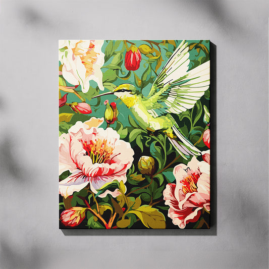 Canvas print with a colorful illustration of a hummingbird and flowers on a gray background