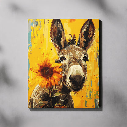 Canvas print of a donkey and sunflower on a yellow background