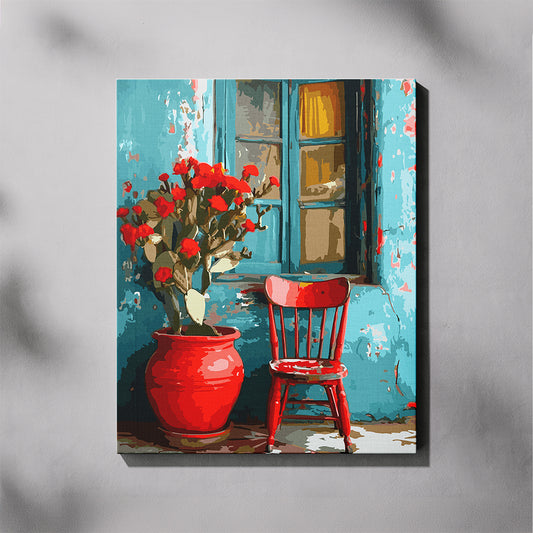 Canvas print of a room with a red chair, potted plant, and blue window.