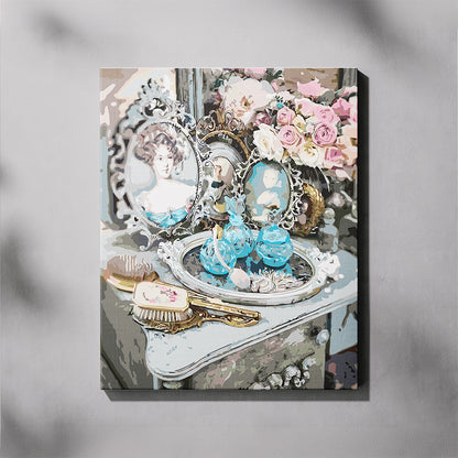 Decorative painting of a vintage dresser with flowers and decorative items on a gray background
