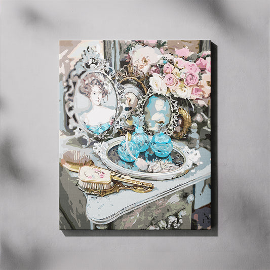 Decorative painting of a vintage dresser with flowers and decorative items on a gray background