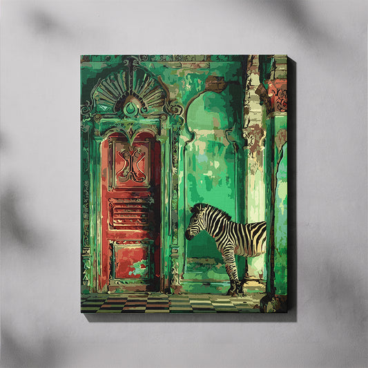 Canvas print of a zebra in an ornate, colorful setting with a checkered floor.